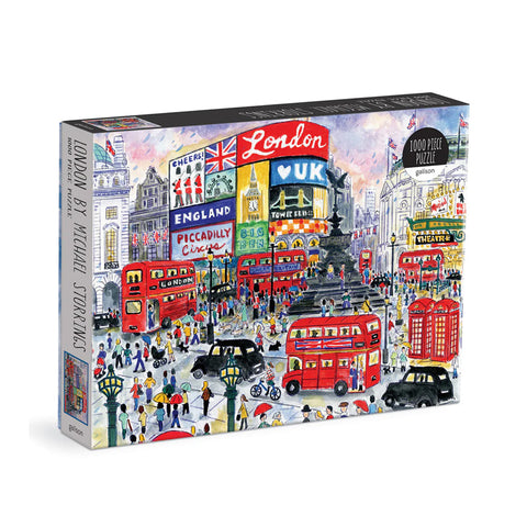 Puzzle box featuring an illustration of London's Piccadilly Circus with red buses.