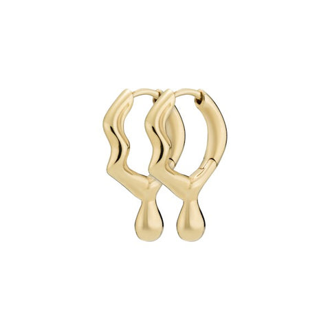 Small gold hoop earrings with a gold  drip at the bottom of it. 