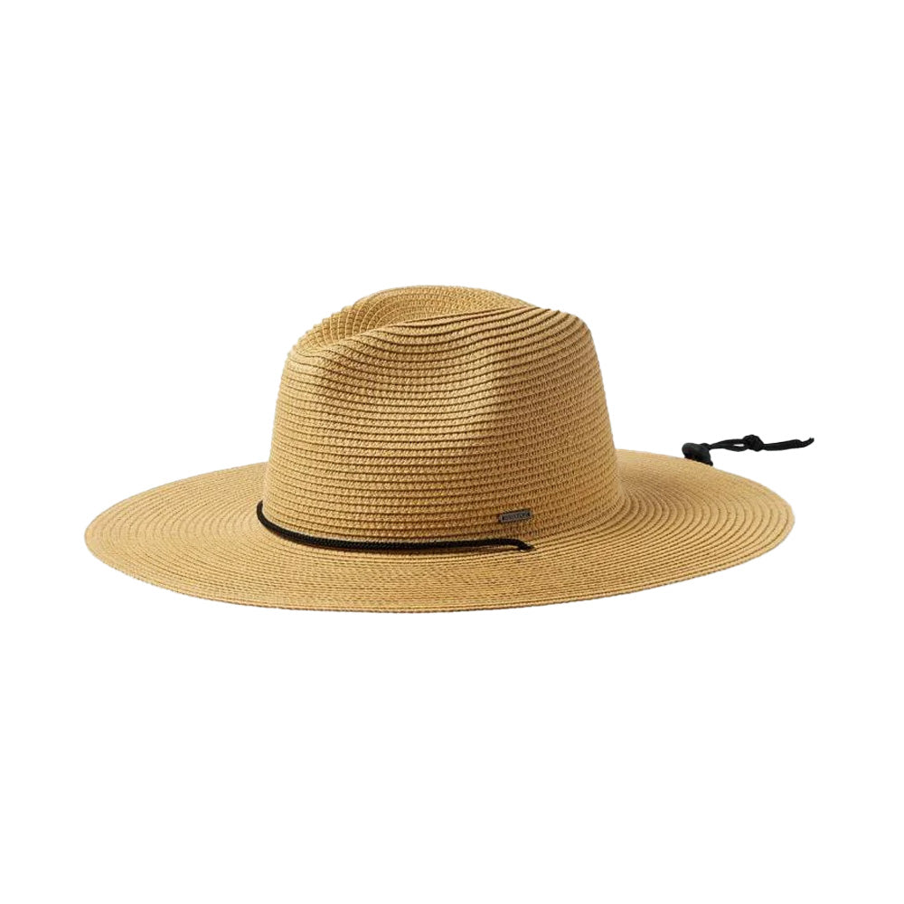 Beige straw hat with a black band on a white background