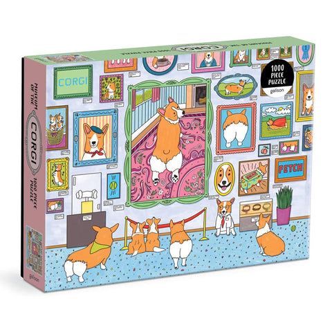 A puzzle box with colourful paintings of corgis at a museum. 