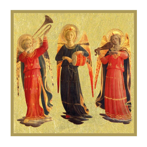 Three elegantly dressed angels playing instruments against a gold background. 