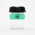 National Portrait Gallery branded coffee keepcup with green band and printed logo.