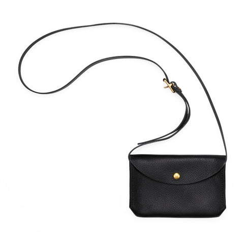 Small rectangular black leather purse with folded top and gold popper and a long adjustable black strap.