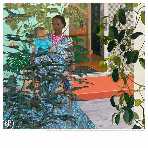 Square poster print featuring a painted collage artwork of a woman and baby sitting in a garden by a backdoor.