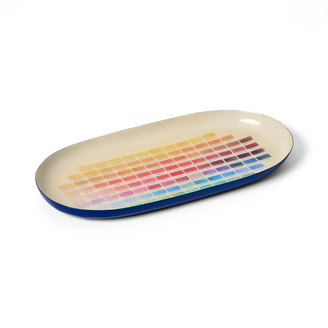 Side view of oval shaped tray with illustrated colour swatch design against a white background.