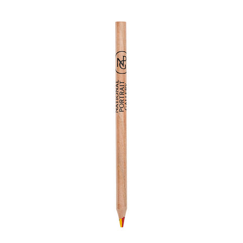 A wooden pencil with National Portrait Gallery logo and NPG monogram in black, with a multicoloured lead.