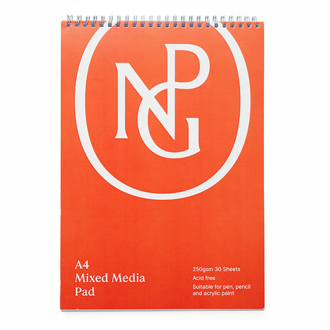 A bright red spiral bound sketchbook with the NPG logo written in white. 