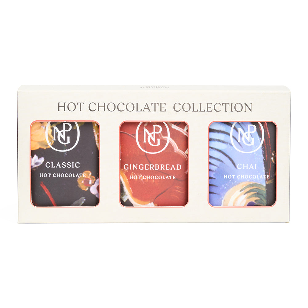 Hot chocolate collection with three different flavors in a box on a white background