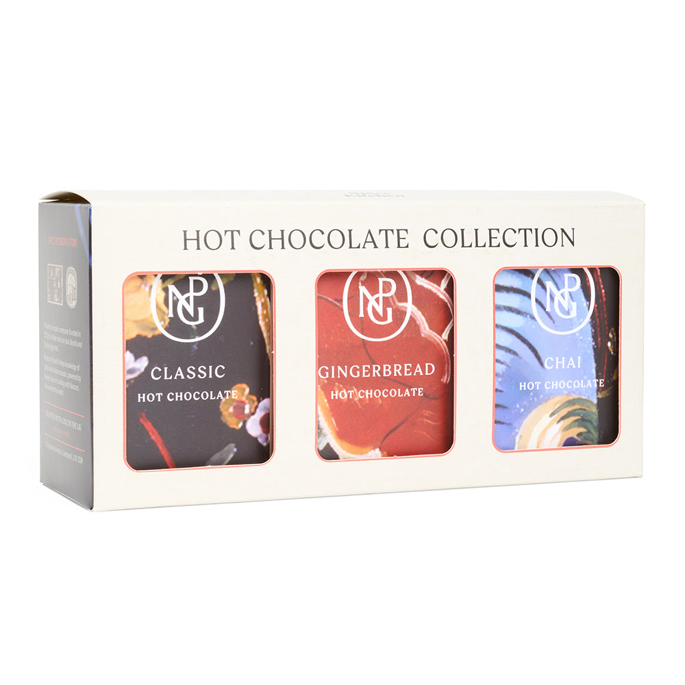 Hot chocolate collection with three different flavors in a branded box on a white background