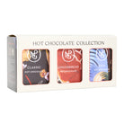 Hot chocolate collection with three different flavors in a branded box on a white background