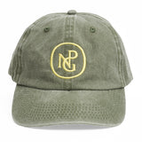 A green khaki coloured baseball cap with the NPG logo in bright yellow on the front.