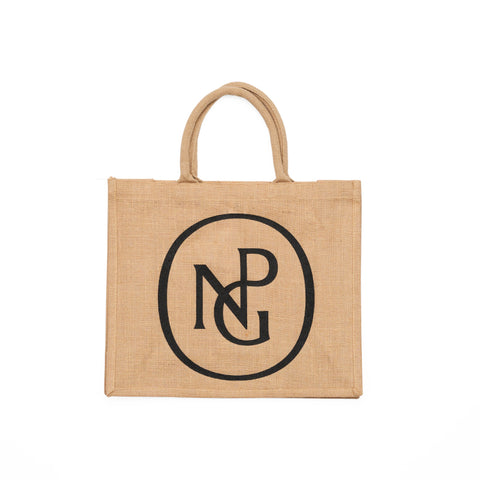 Natural jute bag with handles, printed with the National Portrait Gallery monogram in black. 