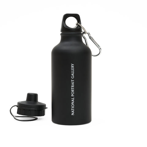 Reverse of black metal bottle with National Portrait Gallery logo text in white.