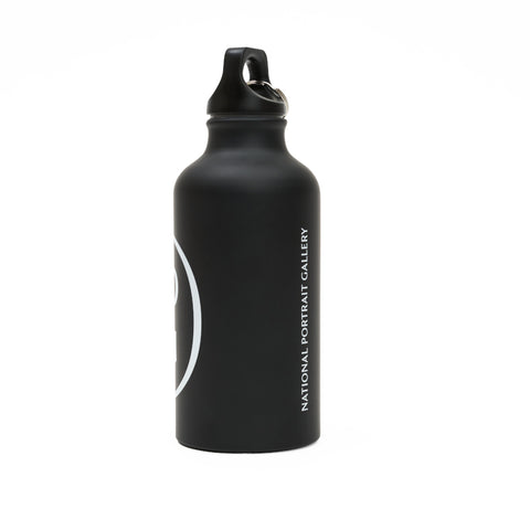 Side view of black metal water bottle.