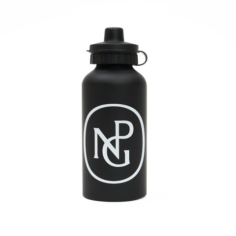 Black metal water bottle with NPG logo in contrasting white and a sip lid.