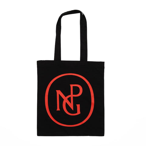 Black tote bag with handles, printed with the National Portrait Gallery monogram in red.