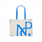 Front view of a wide cream tote bag with blue sides and handles and NPG monogram design in blue.