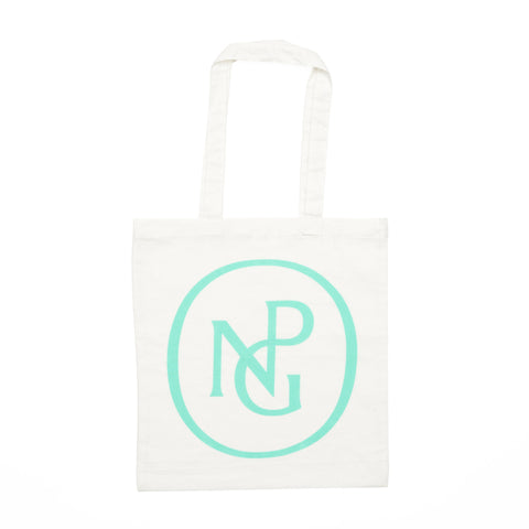White tote bag with handles, printed with the National Portrait Gallery monogram in green.