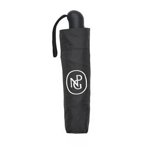 Black umbrella with the National Portrait Gallery monogram in white. 