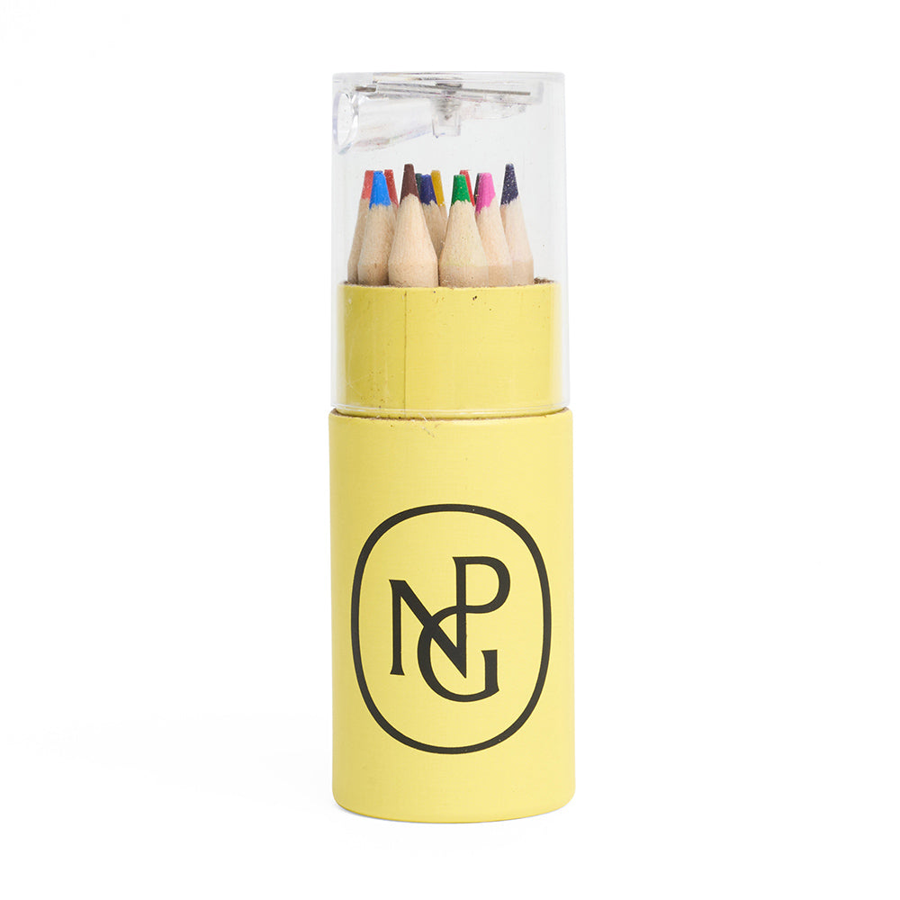 Set of colouring pencils in a yellow tube with npg logo on a white background