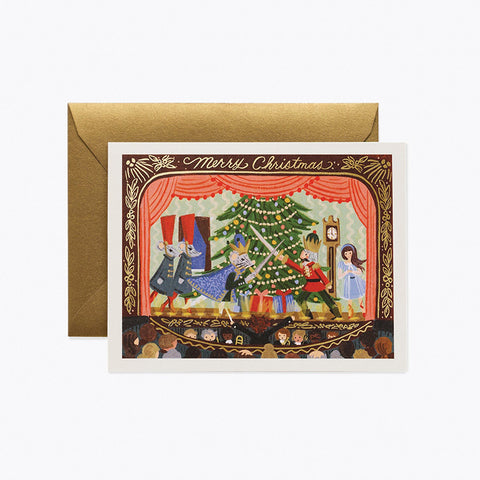 A Christmas card that portrays a theatre audience watching the Nutcracker. 