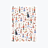 White wrapping paper with colourful Nutcracker characters on it. 