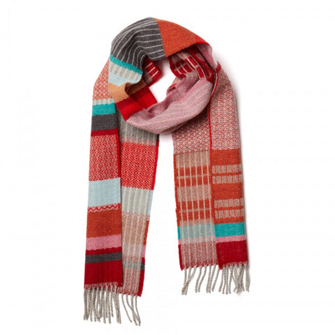 Woven texture scarf in multi-colour red tone stripes. 