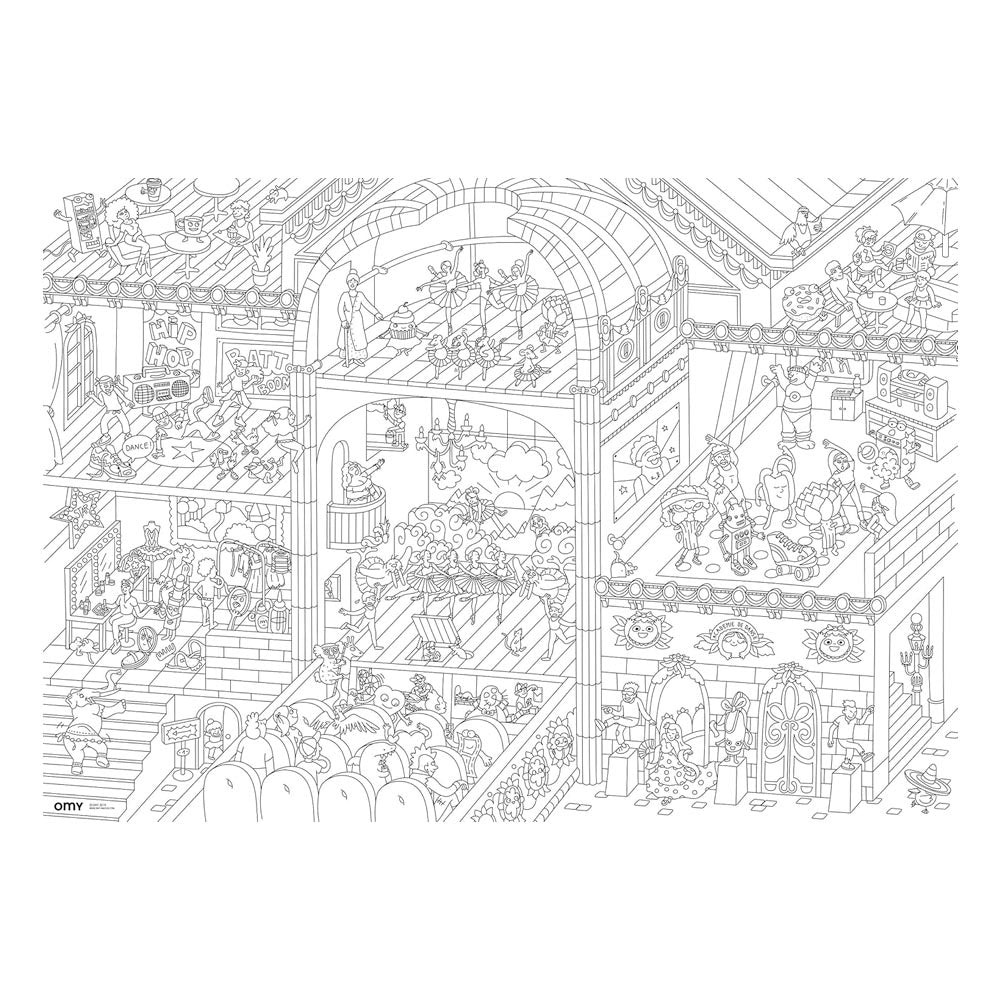 Black and white illustration of a detailed architectural scene with various dancers.