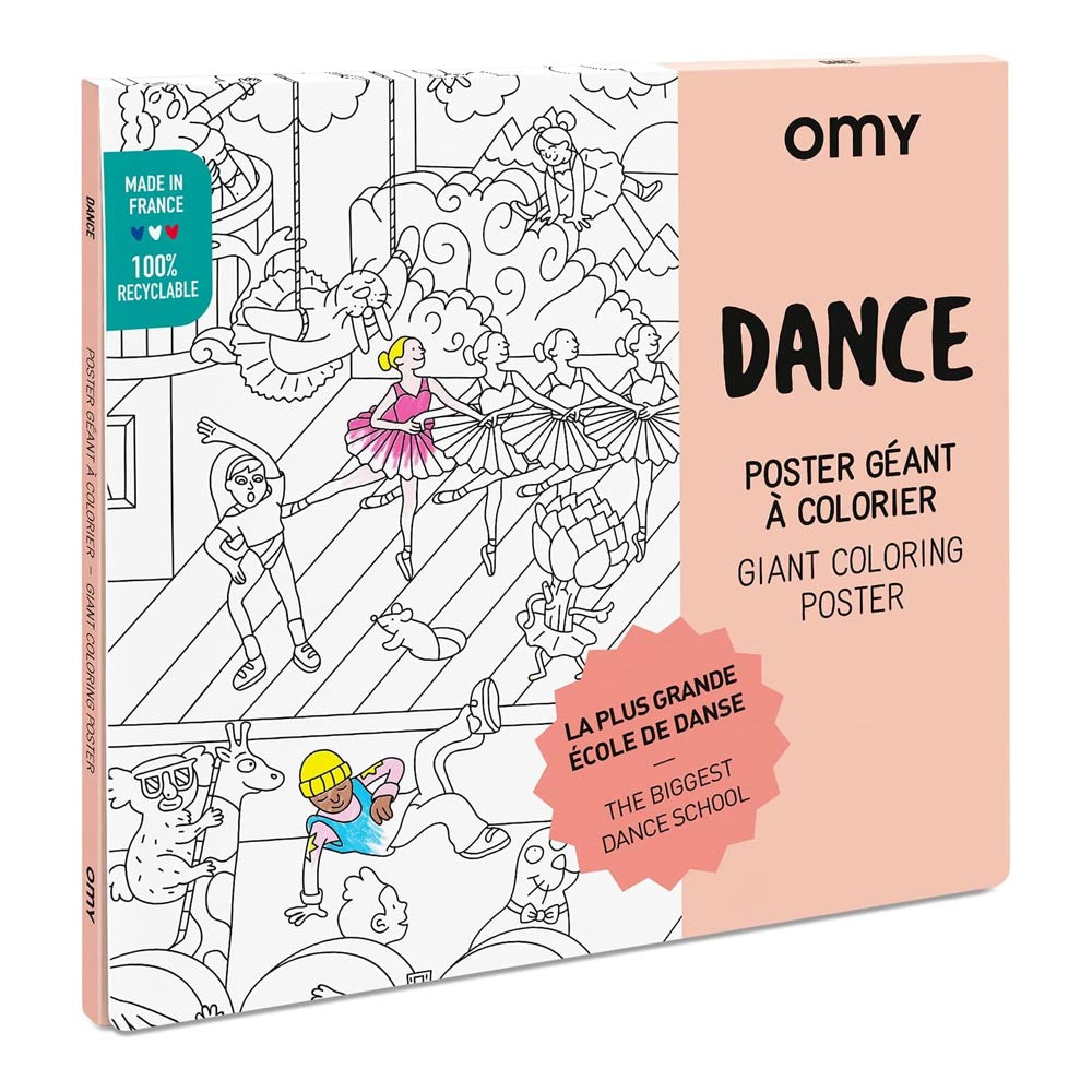 Omy giant colouring poster with dance themed illustrations on a white background