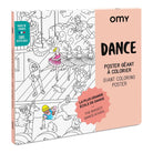 OMY giant colouring poster with dance-themed illustrations on a white background