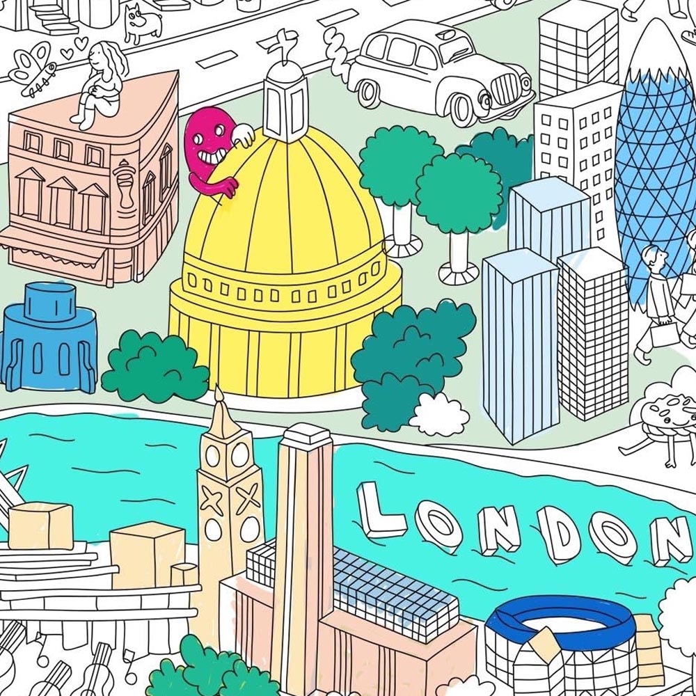 Illustrated cityscape with landmarks and colorful buildings, featuring the word 'london'.