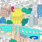 Illustrated cityscape with landmarks and colorful buildings, featuring the word 'London'.