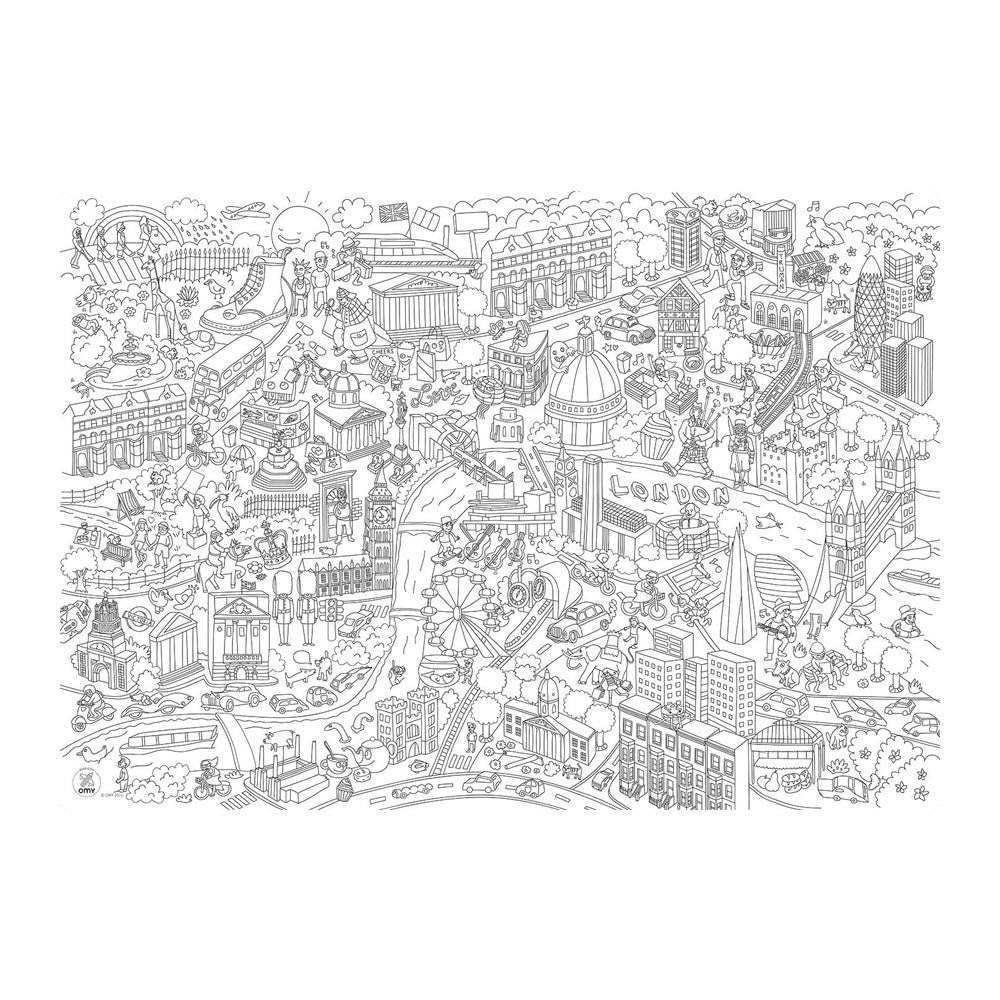 Black and white illustration of a detailed cityscape with various buildings and landmarks.