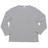 Black and white striped long sleeve top with round neck, front view.