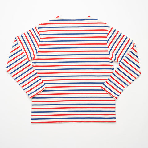 Blue and red striped long sleeve top with round neck, back view.
