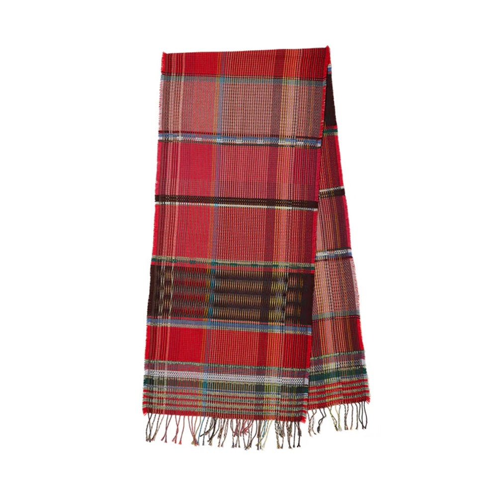 Red plaid scarf with fringe on a white background