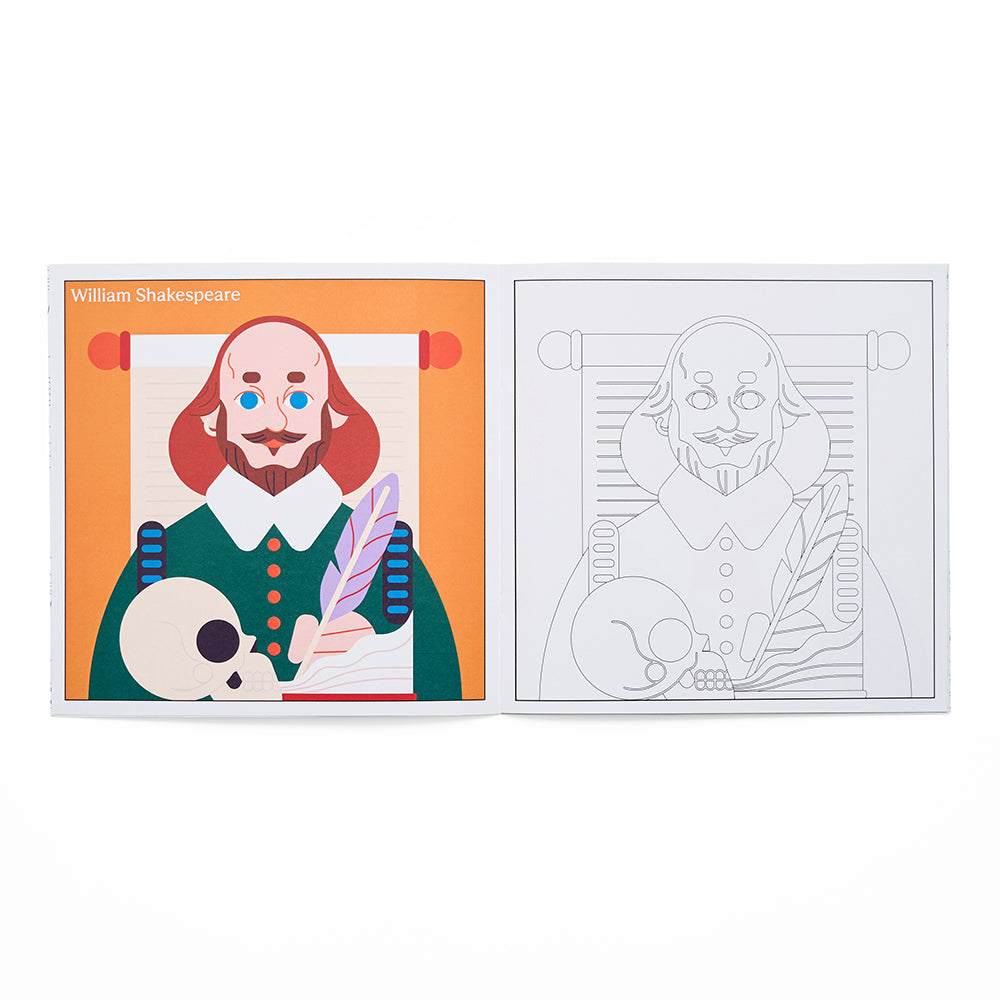 Colouring book page with illustration of william shakespeare and a skull, featuring an orange border.