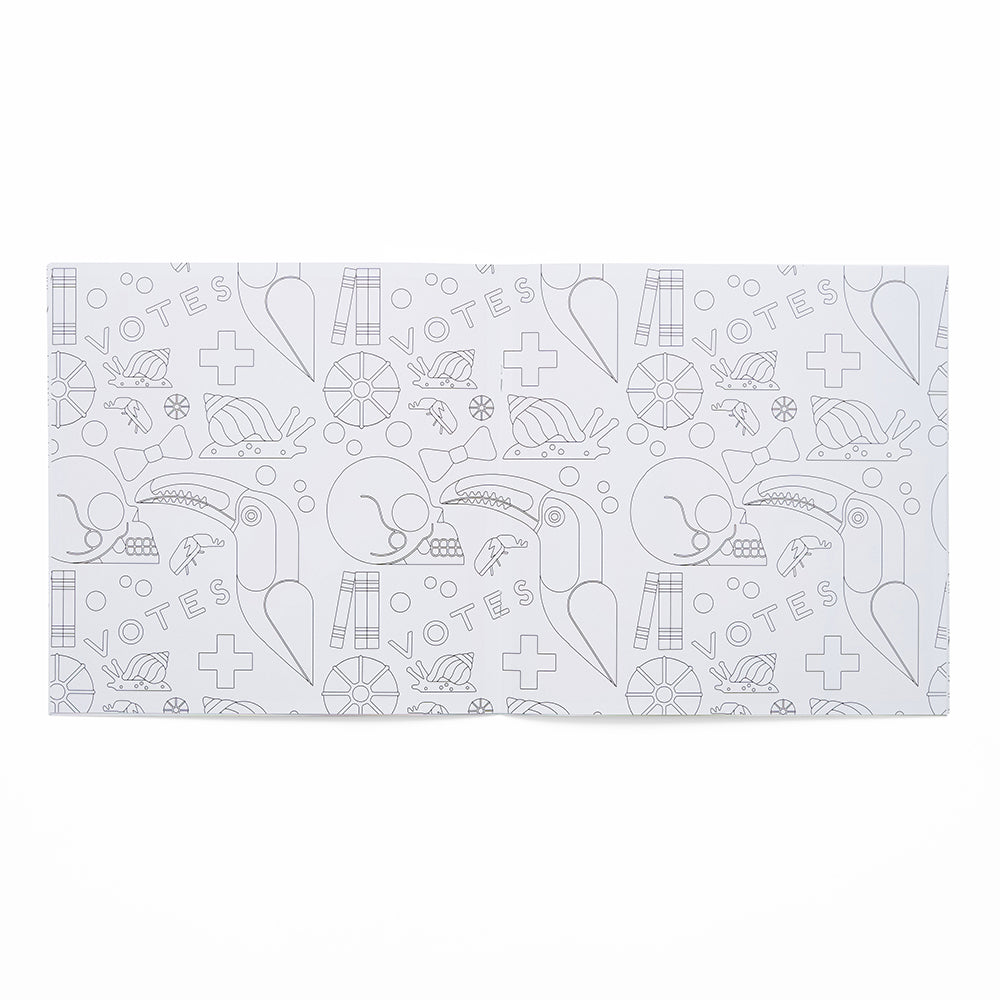 Colouring book page with voting symbols and 'votes' text on a white background