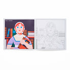 Colouring book page with illustration of Jane Austen and a line art version on a white background