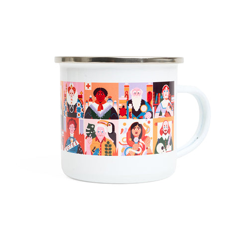 White enamel mug with handle featuring illustrated cartoon portraits of famous figures in blocks.