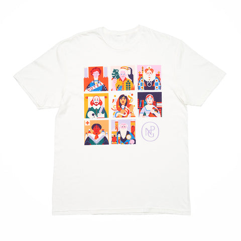 White kid's t-shirt featuring colourful square portrait illustrations and the NPG logo.