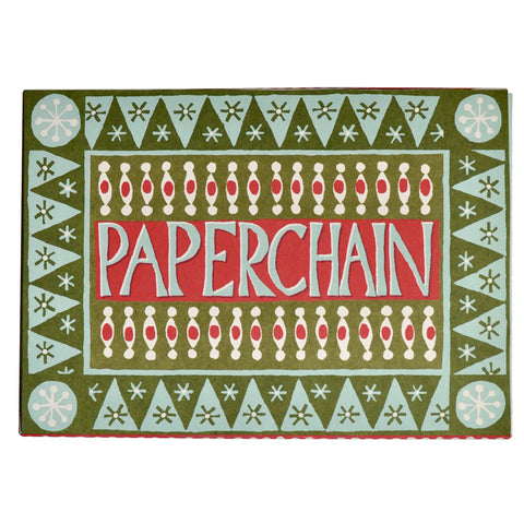 A green, blue and red decorated exterior of a paperchain making kit. 