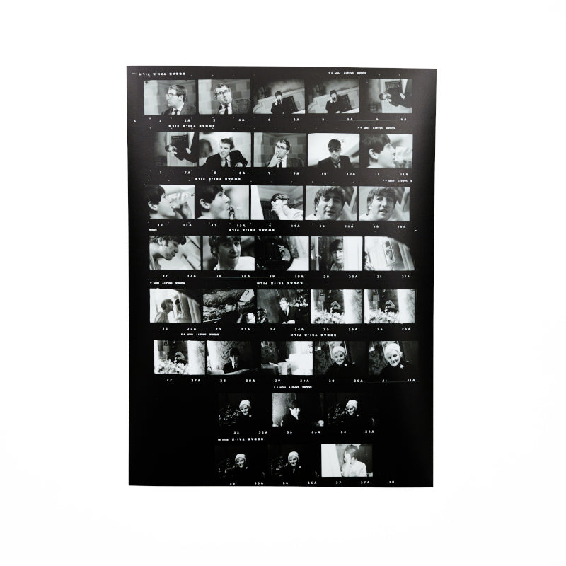 Black and white contact sheet featuring photographs of the beatles taken by mccartney.