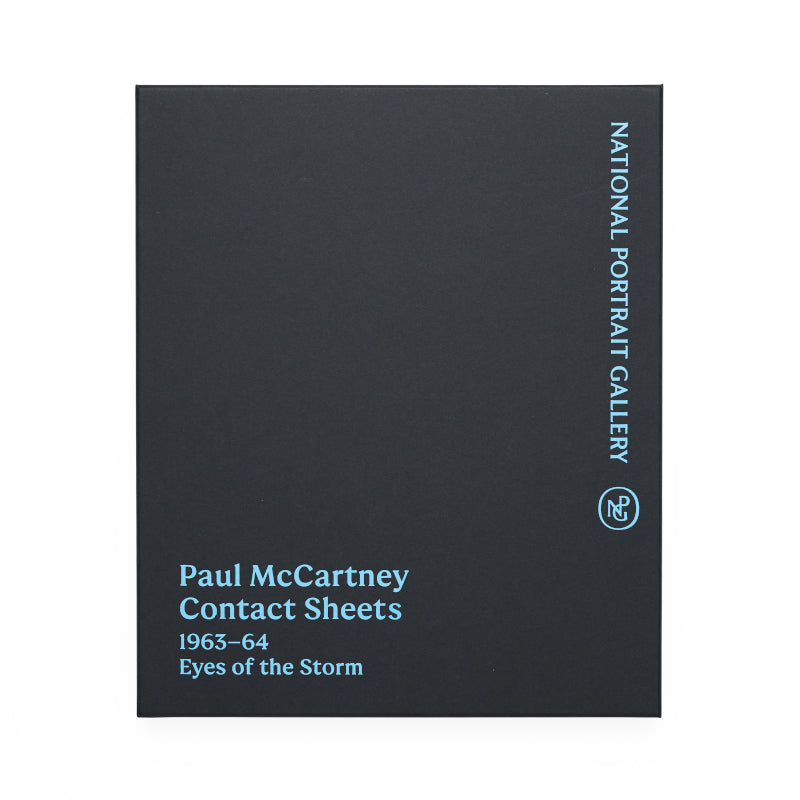 Black box with the title paul mccartney contact sheets 1963 64 eyes of the storm printed in blue alongside the npg logo.
