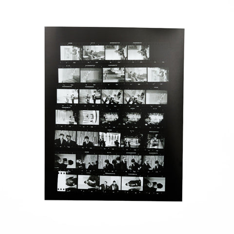 Black and white contact sheet featuring photographs of the Beatles taken by McCartney.