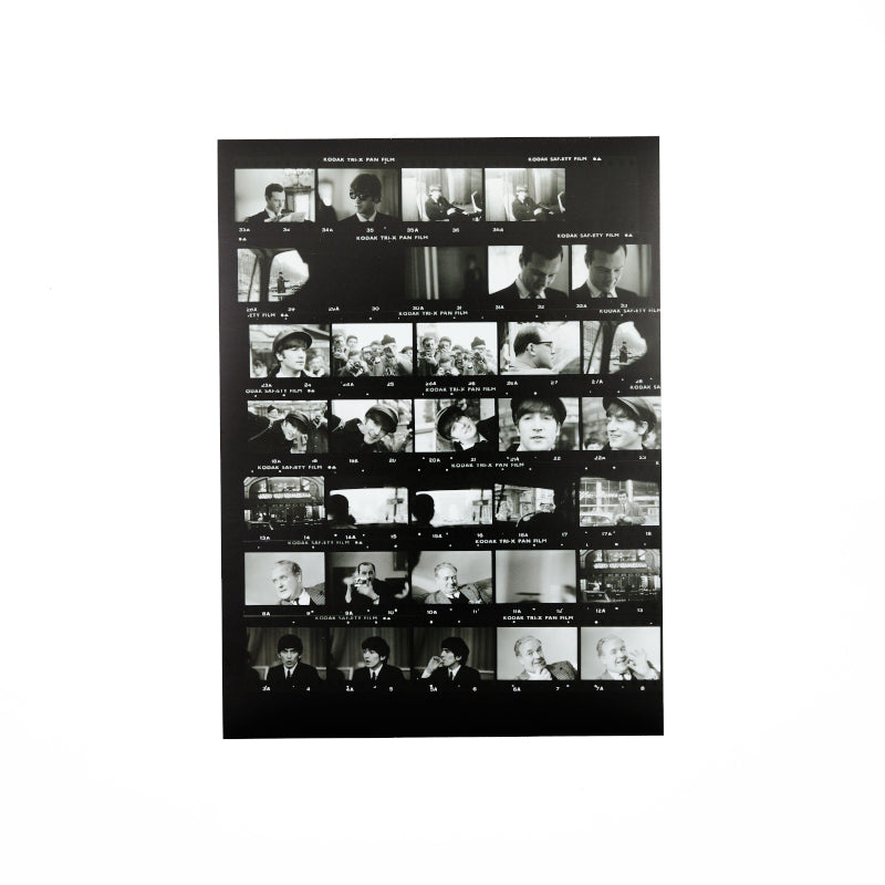 Black and white contact sheet featuring photographs of the beatles taken by mccartney.