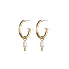 Image: A pair of small gold hoop earrings with a stud backing with a small pearl dangling from it. 