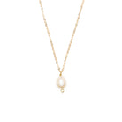 Gold necklace with a single pearl pendant on a white background