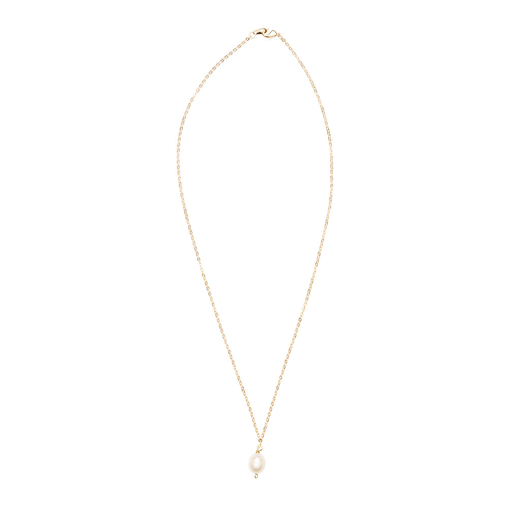 Gold necklace with a pearl pendant on a white background