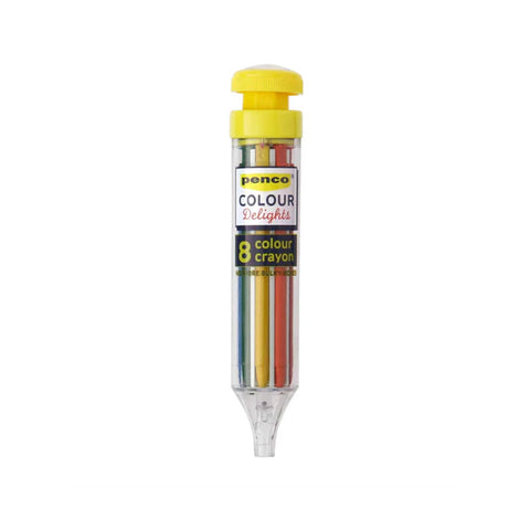 Single pen casing featuring 8 crayon leds inside with a yellow lid. 